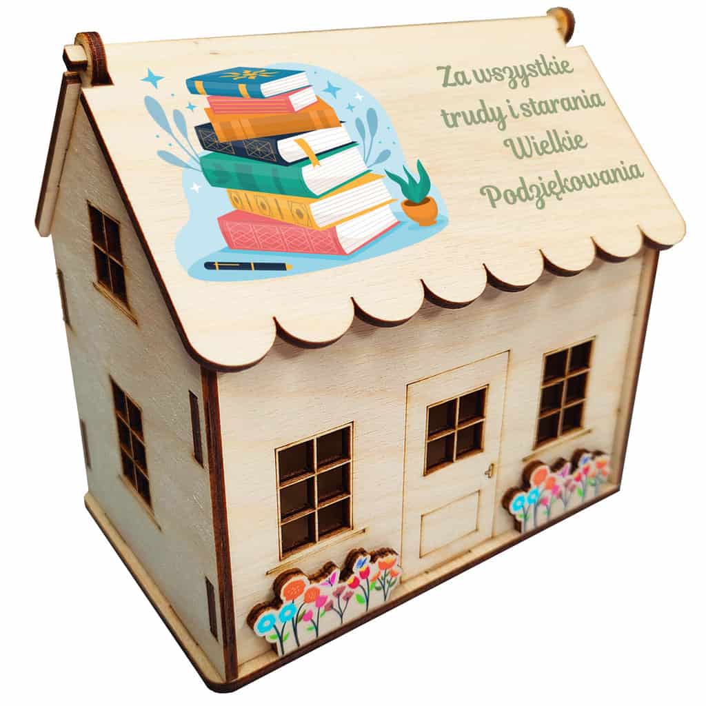 Domek Pudełko pojemnik drewniany z kolorowym nadrukiem na słodycze cukierki na Dzień Nauczyciela