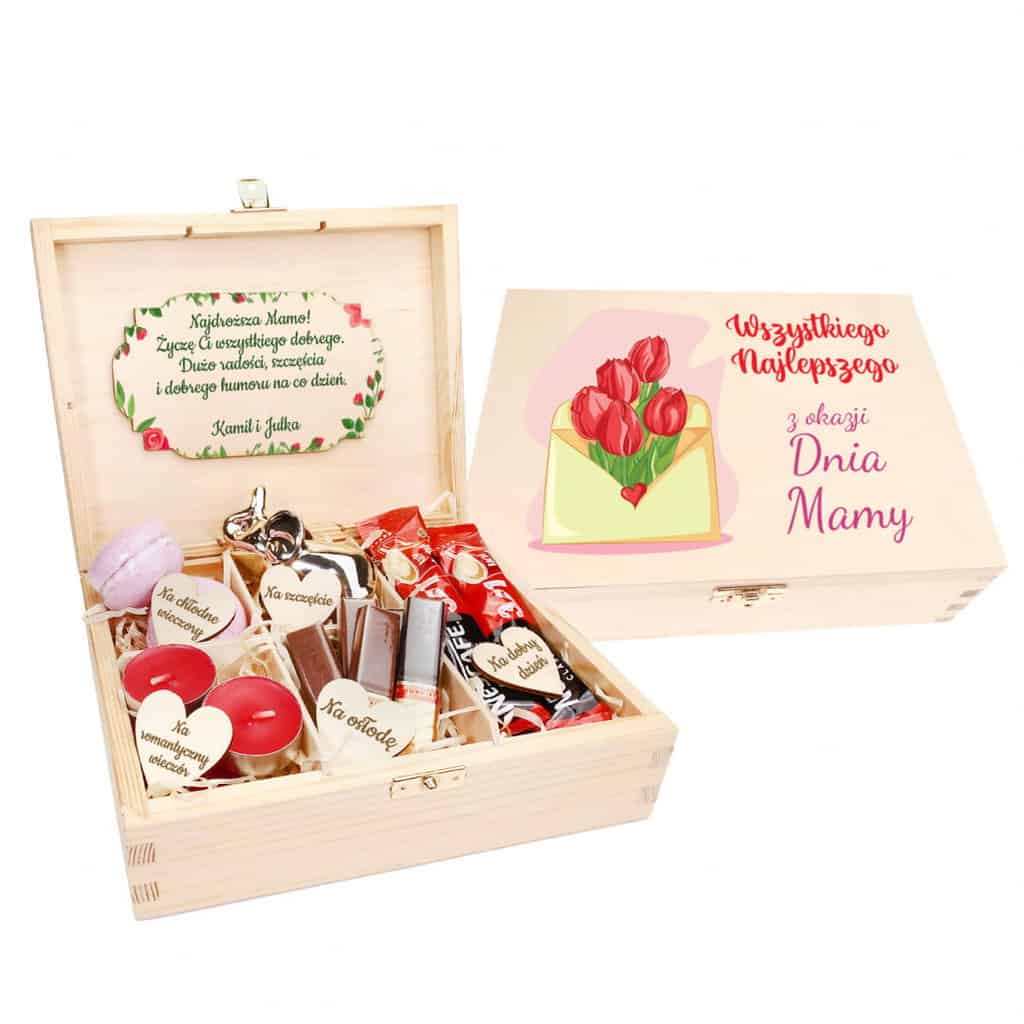Niezbędnik pudełko drewniane z przegródkami z kolorowym nadrukiem na Dzień Matki